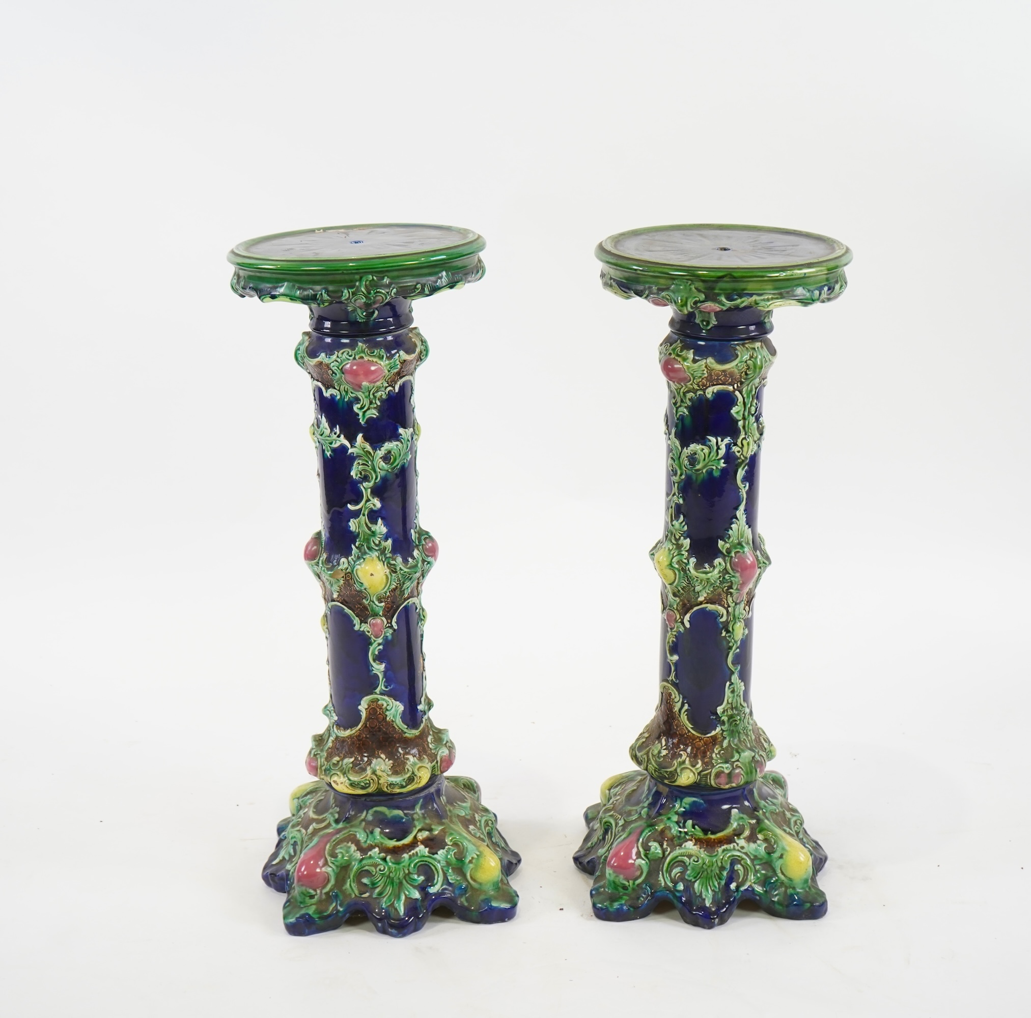 A pair of Continental majolica pedestals, late 19th century